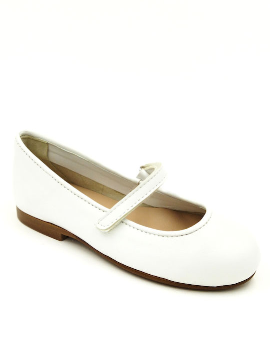 Kids Leather Ballerinas with Hoop & Loop Closure White