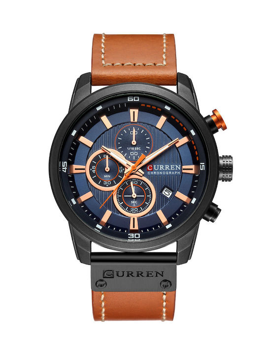 Curren 8291 Watch Chronograph Battery with Brown / Brown Leather Strap