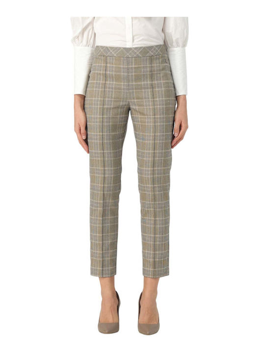 Women's High-waisted Fabric Trousers Checked Beige