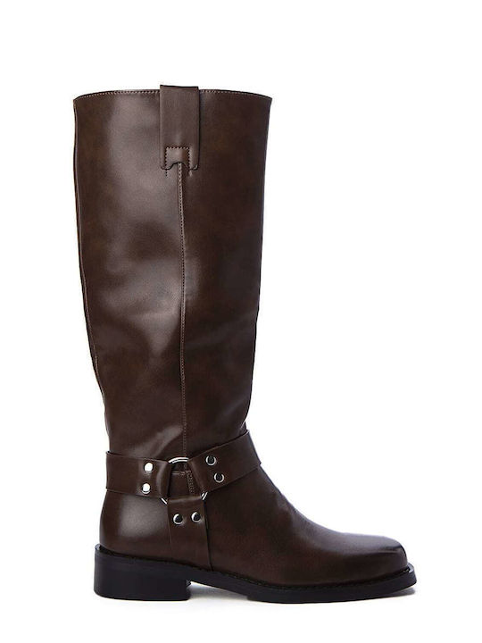 Keep Fred Synthetic Leather Riding Boots with Zipper Brown