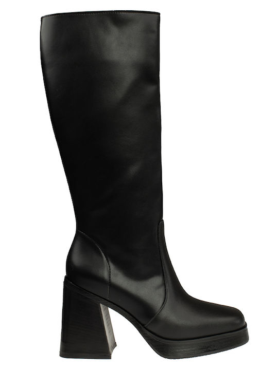 Leather High Heel Women's Boots with Rubber / Zipper Black