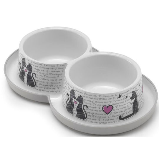 Pet Camelot Cats in Love Plastic Food and Water Bowl for Dog and Cat with Stand 2x 350ml in White Color