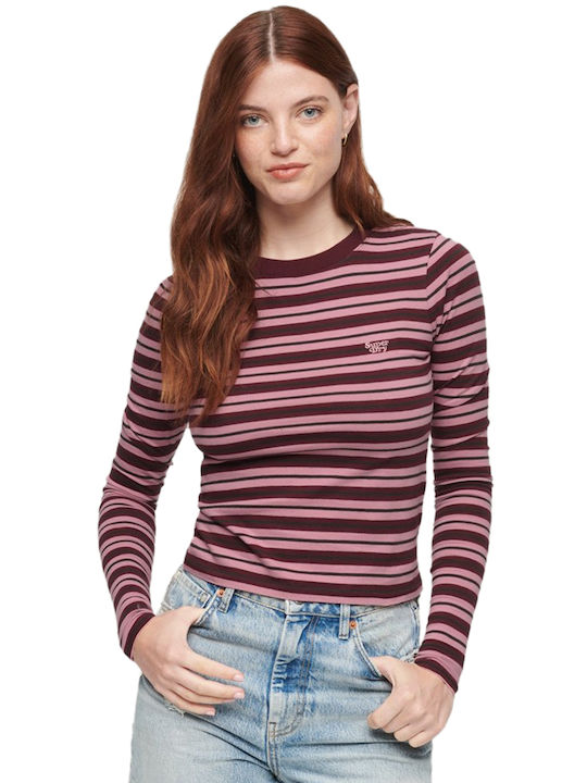 Superdry Damen Bluse Langärmelig Gestreift Lilac Pink