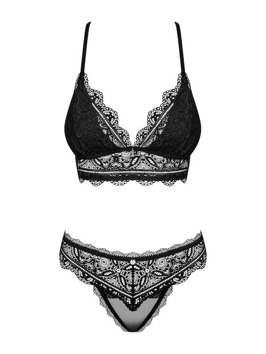 Obsessive Lace Underwear Set with Bra & Brazil Black