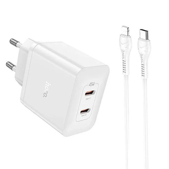 Hoco Φορτιστής με 2 Θύρες USB-C και Καλώδιο USB-C - Lightning 45W Power Delivery Λευκός (N35)