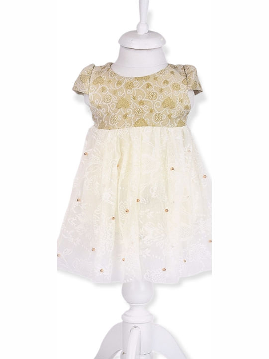 Short Sleeve Girls Dress with Lace for Flower Girl Ecru