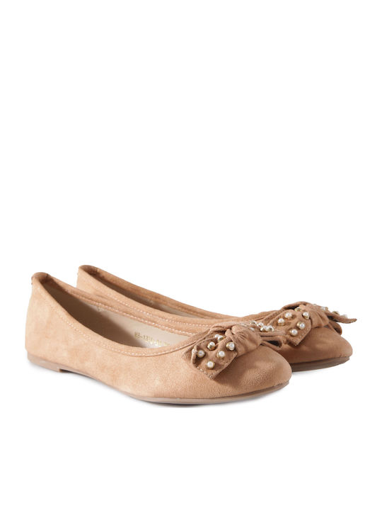 Feng Shoe Suede Γυναικείες Μπαλαρίνες σε Μπεζ Χρώμα