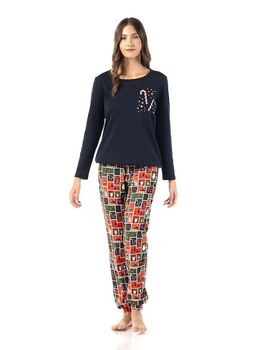 Secret Point Winter Damen Pyjama-Set Baumwolle Dark blue.