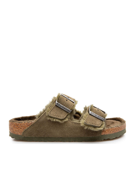 Arizona Shearling Women's Flat Sandals in Khaki Color Narrow Fit