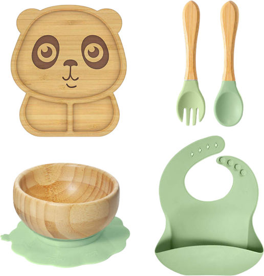 Queen Mother Panda Feeding Set Made of Silicone with Anti-Slip Base Green 5 Pieces for 6+ Months