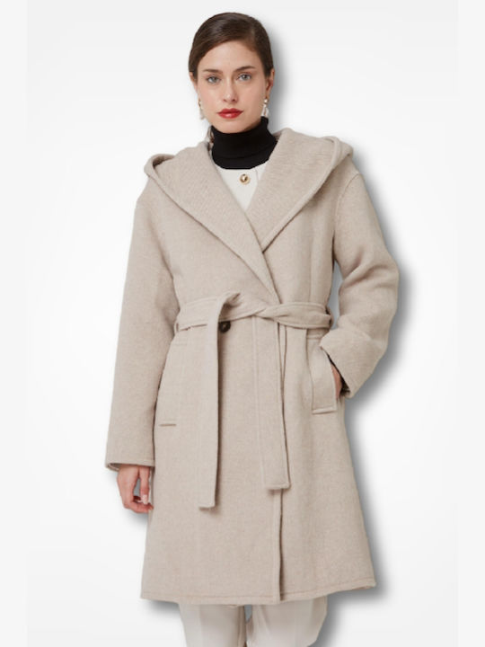 Women's Midi Coat with Belt and Hood Beige