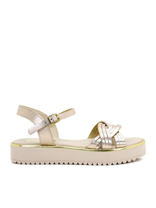 Кожени Дамски Сандали Flatforms Розови Златисти