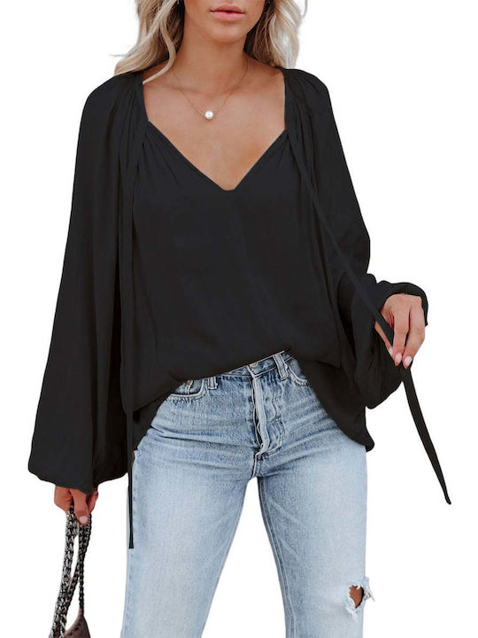 Amely Women's Blouse Long Sleeve with V Neckline Black