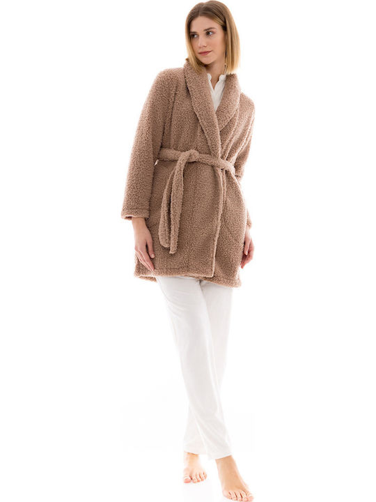 Pink Label Χειμερινή Γυναικεία Fleece Ρόμπα Καφέ