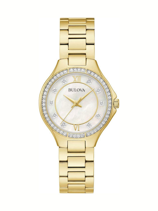 Bulova Дамски Кристален Аналогов Кварцов Часовник с Златна Метална Верижка