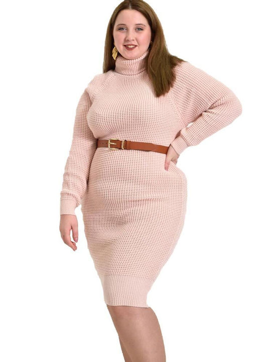 Caroon Midi Dress Knitted Turtleneck Soft Pink
