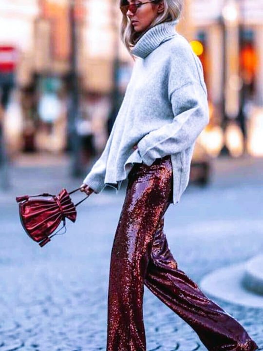 Women's High-waisted Fabric Trousers with Elastic Brown with Sequins