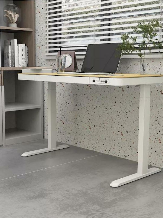 Birou Electric E-desk Din Lemn De Fag Alb Cu Picioare Metalice Și Înălțime Reglabilă 120x60x72cm
