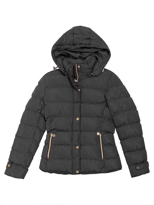 Ustyle Women's Short Puffer Jacket for Winter with Hood Black.