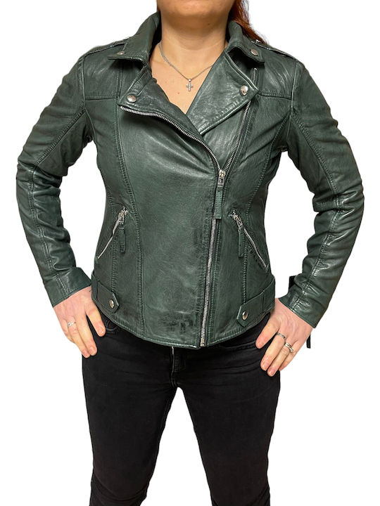 Women's Short Biker Leather Jacket for Spring or Autumn Green