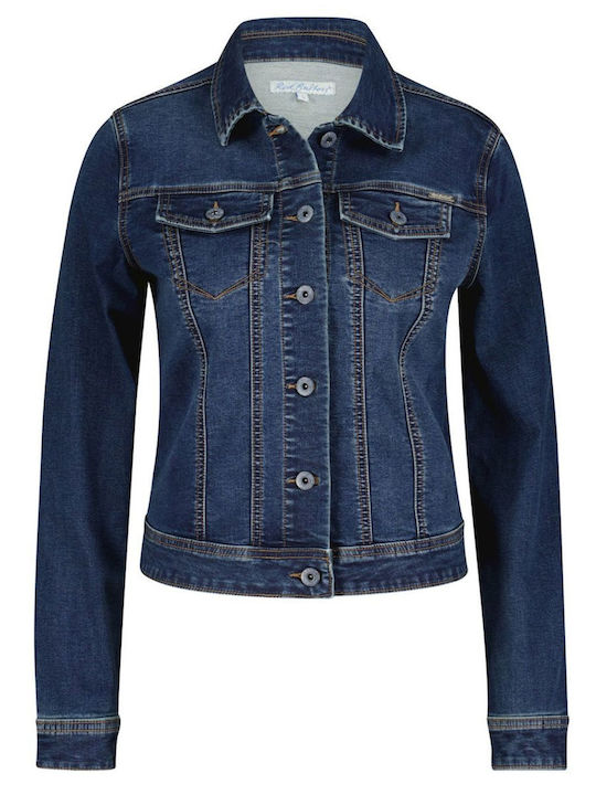 Red Button Women's Short Jean Jacket for Spring or Autumn Blue.