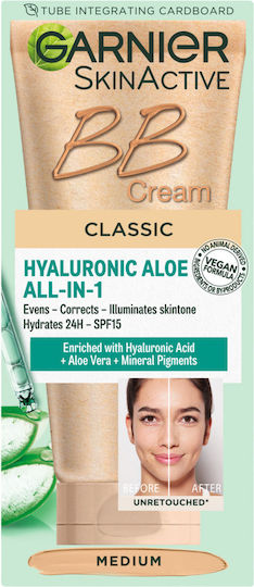 Garnier Hyaluronic Aloe BB Medium Cremă de Față de Zi 24h cu SPF15 pentru Hidratare și Imperfecțiuni cu Acid Hialuronic și Aloe Vera 50ml