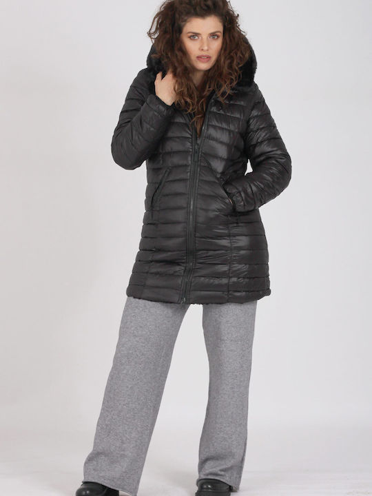 Epwnymo Women's Short Puffer Jacket Double Sided for Winter with Hood Black