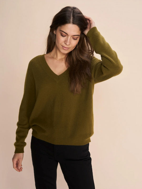 Arlie Women's Long Sleeve Sweater Woolen with V Neckline Green