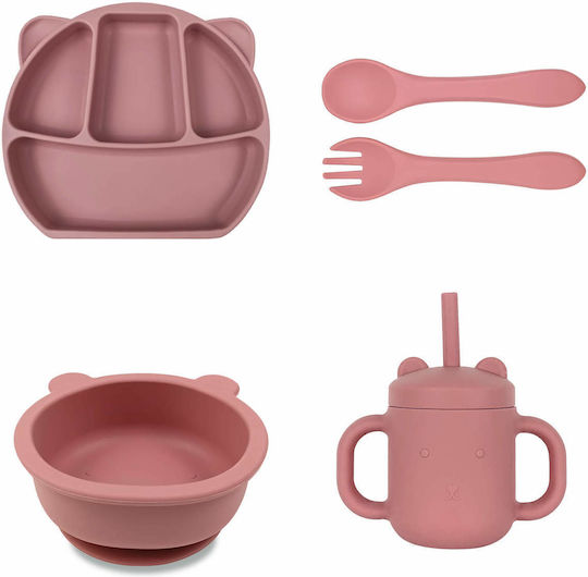 Baby Cloud Set Essgeschirr Bär aus Silikon mit rutschfester Basis Rosa 4Stück