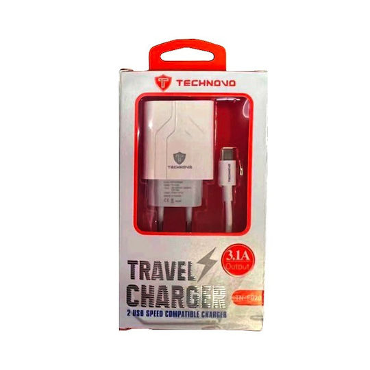 Technovo Зарядно Устройство с 2 USB-A Изходни Порта и Кабел USB-C Power Delivery Бял