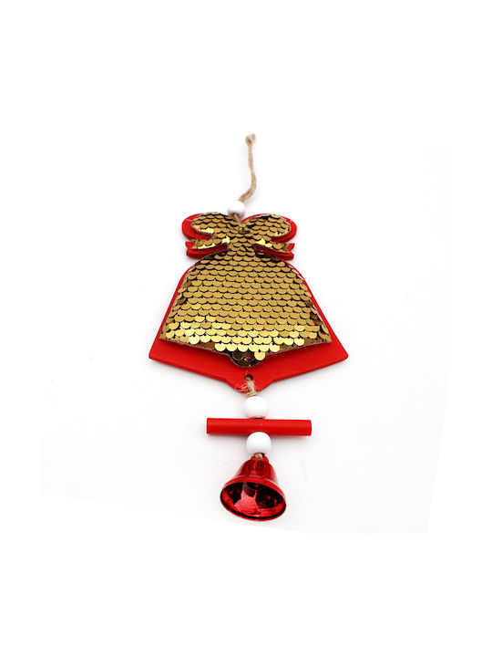 Hanging Bell Ornament Wooden Gold with Sequins 9x11cm