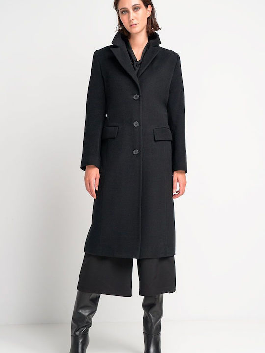 Fibes Γυναικείο μαύρο Παλτό με Κουμπιά