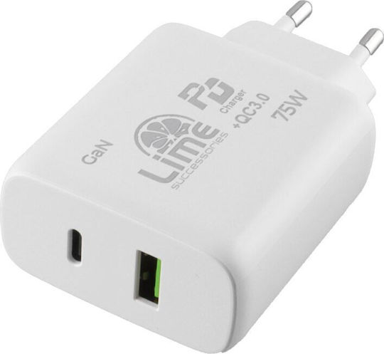 Lime Φορτιστής Χωρίς Καλώδιο GaN με Θύρα USB-A και Θύρα USB-C 75W Power Delivery / Quick Charge 3.0 Λευκός (LTC75W)