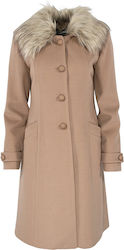 Forel Women's Midi Coat with Buttons and Fur Καμηλό