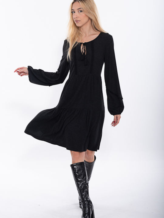 Donna Martha Summer Mini Dress Knitted with Ruffle Black