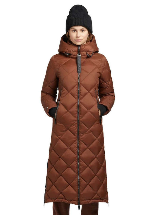 Μακρύ Γυναικείο Puffer Μπουφάν για Χειμώνα Καφέ