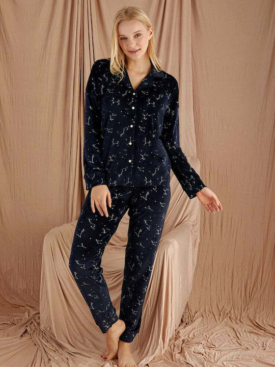 PJM Winter Damen Pyjama-Set Samt BLUE BLACK