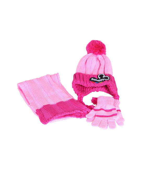 Katsenis Kids Beanie Set with Scarf & Gloves Knitted Pink