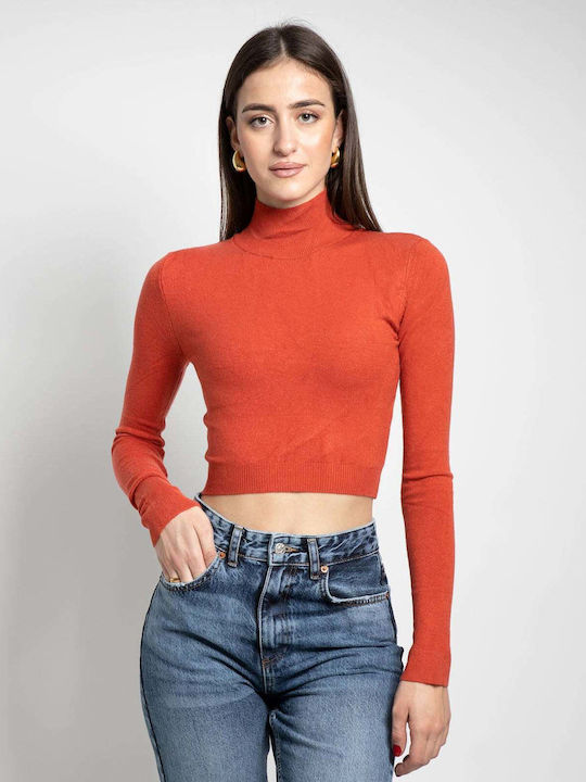 Fashioncore Top de Damă Crop Guler cu guler înalt cu Mânecă Lungă Red