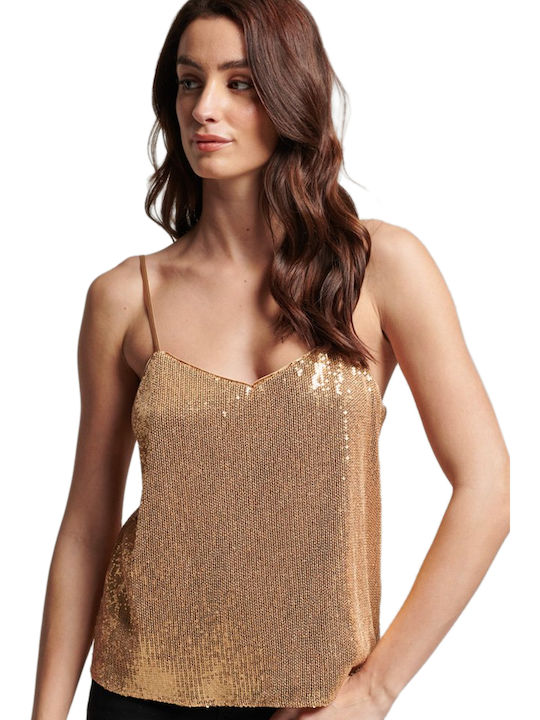 'sequin Women's Blouse with Straps & V Neckline Gold