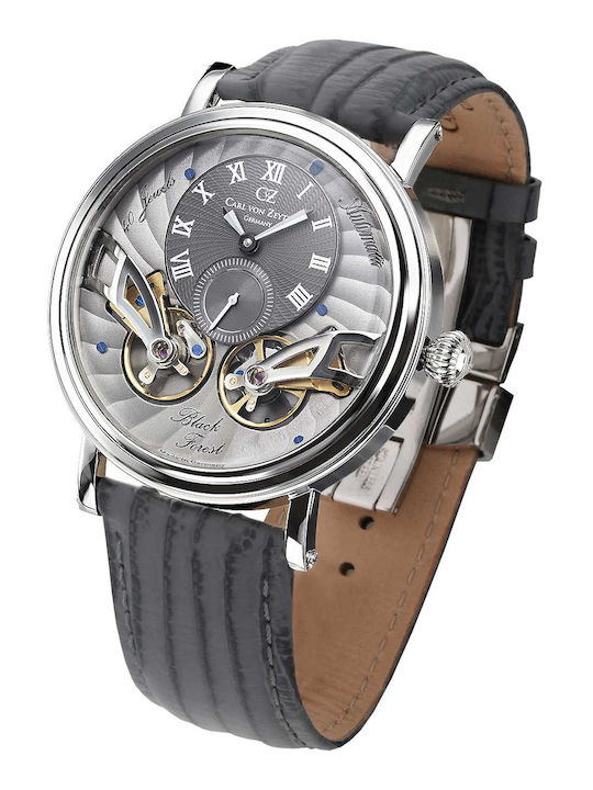 Carl Von Zeyten Ανδρικό Ρολόι 46mm Αυτόματο με Ασημί Δερμάτινο Λουράκι