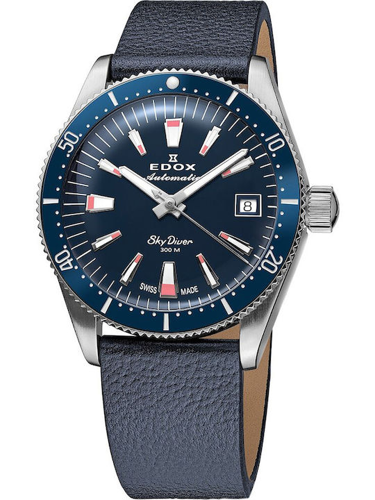 Edox Γυναικείο Ρολόι 38mm Αυτόματο με Μπλε Δερμάτινο Λουράκι
