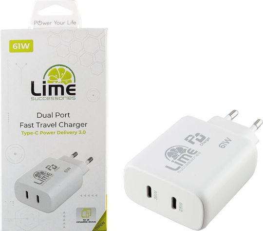 Lime Φορτιστής Χωρίς Καλώδιο με 2 Θύρες USB-C 61W Power Delivery Λευκός (LTC61W)
