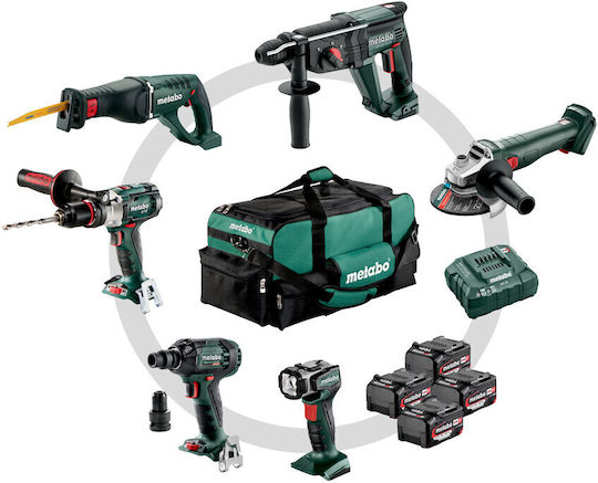 Metabo 685211000 Набор Ъглово Колело Ударна Машина Чук Реципрочен Трион И Стъкла 18V С 4 Батерии 4Ah