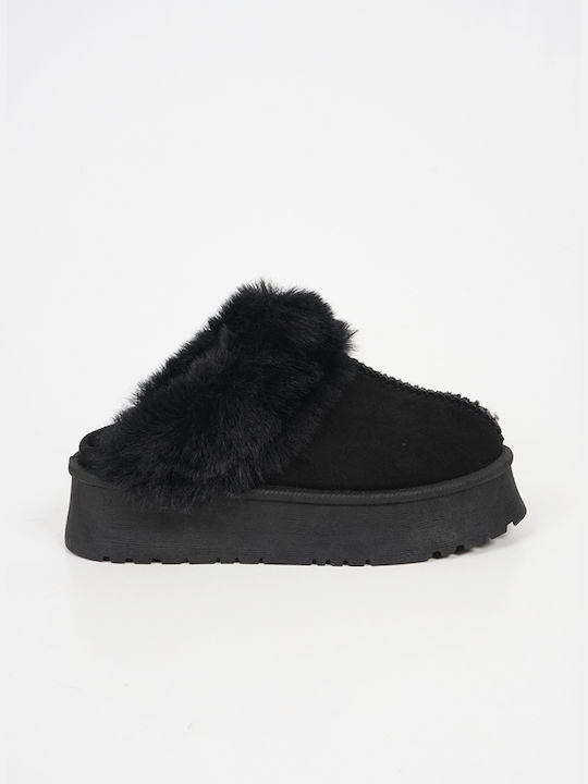 Plato Winter Women's Slippers with fur in Black color