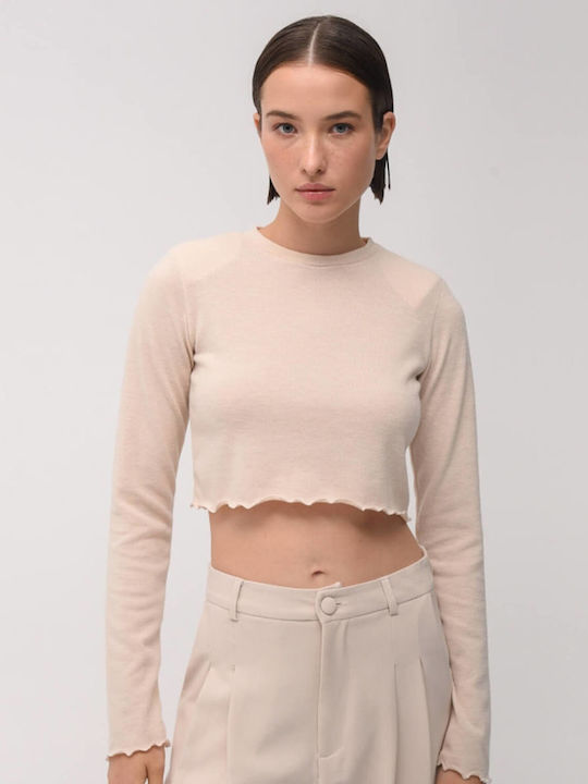 SunsetGo! Damen Crop Top Langärmelig Beige