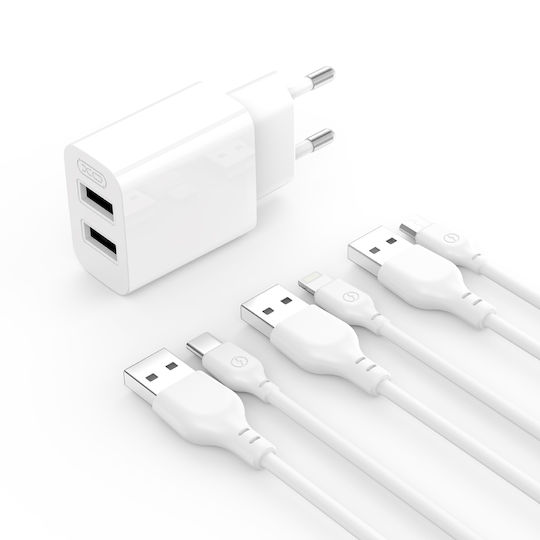 XO Charger with 2 USB-A Ports and Cable Lightning Whites (L109)
