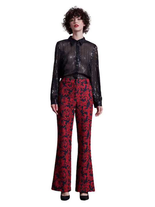 Matis Fashion Women's Red Set with High-waisted Trousers with Elastic in Regular Fit Floral