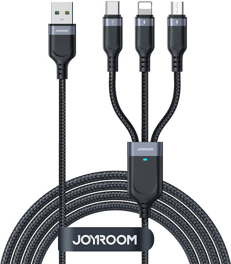 Joyroom S-1T3018A18 Braided Cablu USB la Lightning / Type-C / micro USB cu mai multe porturi 3.5A Negru 1.2m
