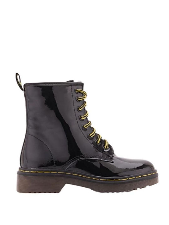 Louizidis Kids Patent Leather Military Boots with Lace Black